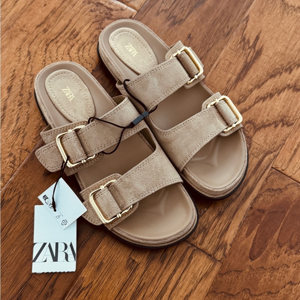 Zara Beige Suede Double-Buckle Slide Sandals